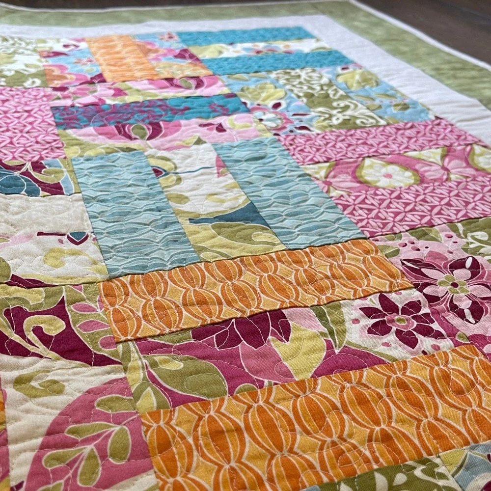 Handmade Floral Patchwork Quilt Pink Green Orange Teal Lap Blanket 36x52